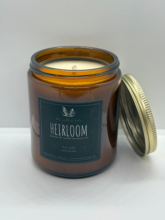 Heirloom | Jasmine & Vanilla  | 8 oz. Soy Wax Essential Oil Amber Jar